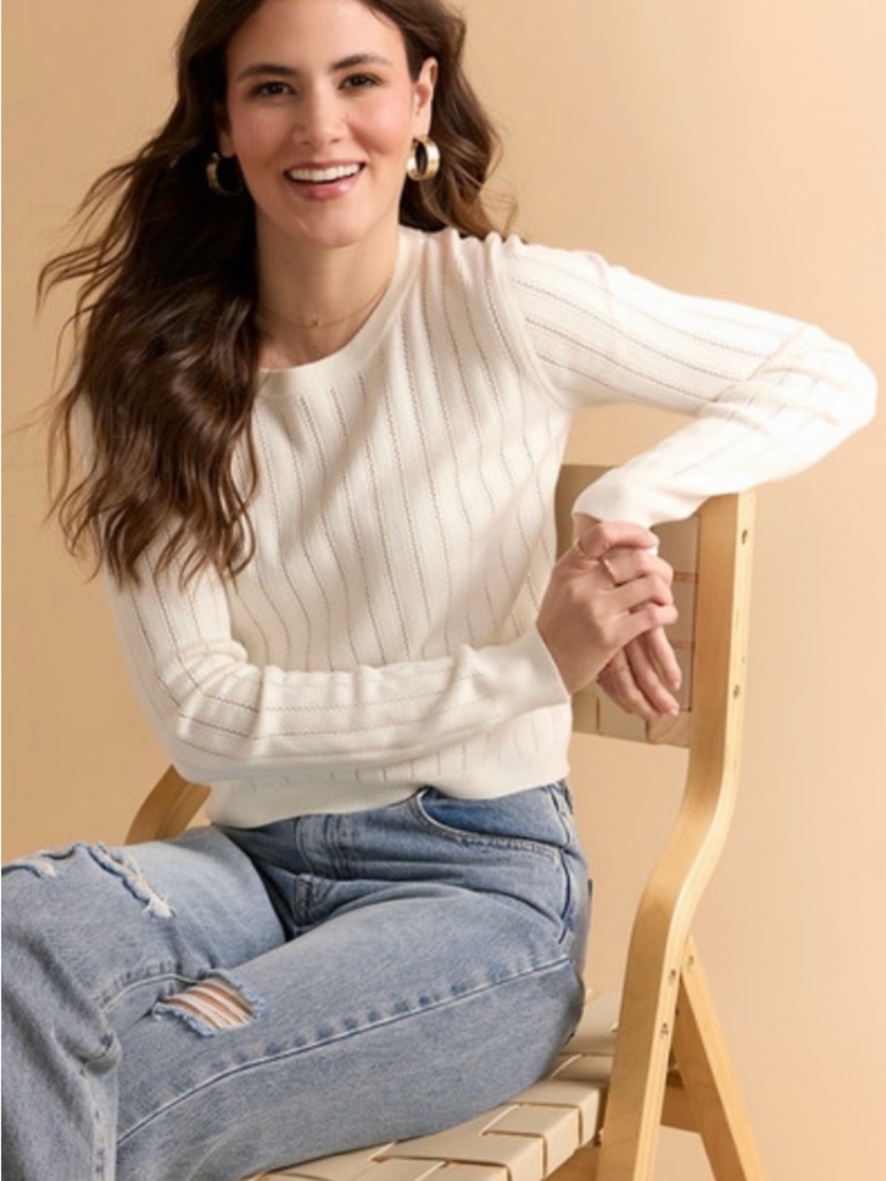 Francesca's Collections Ivory Open-Stitch Crewneck Sweater